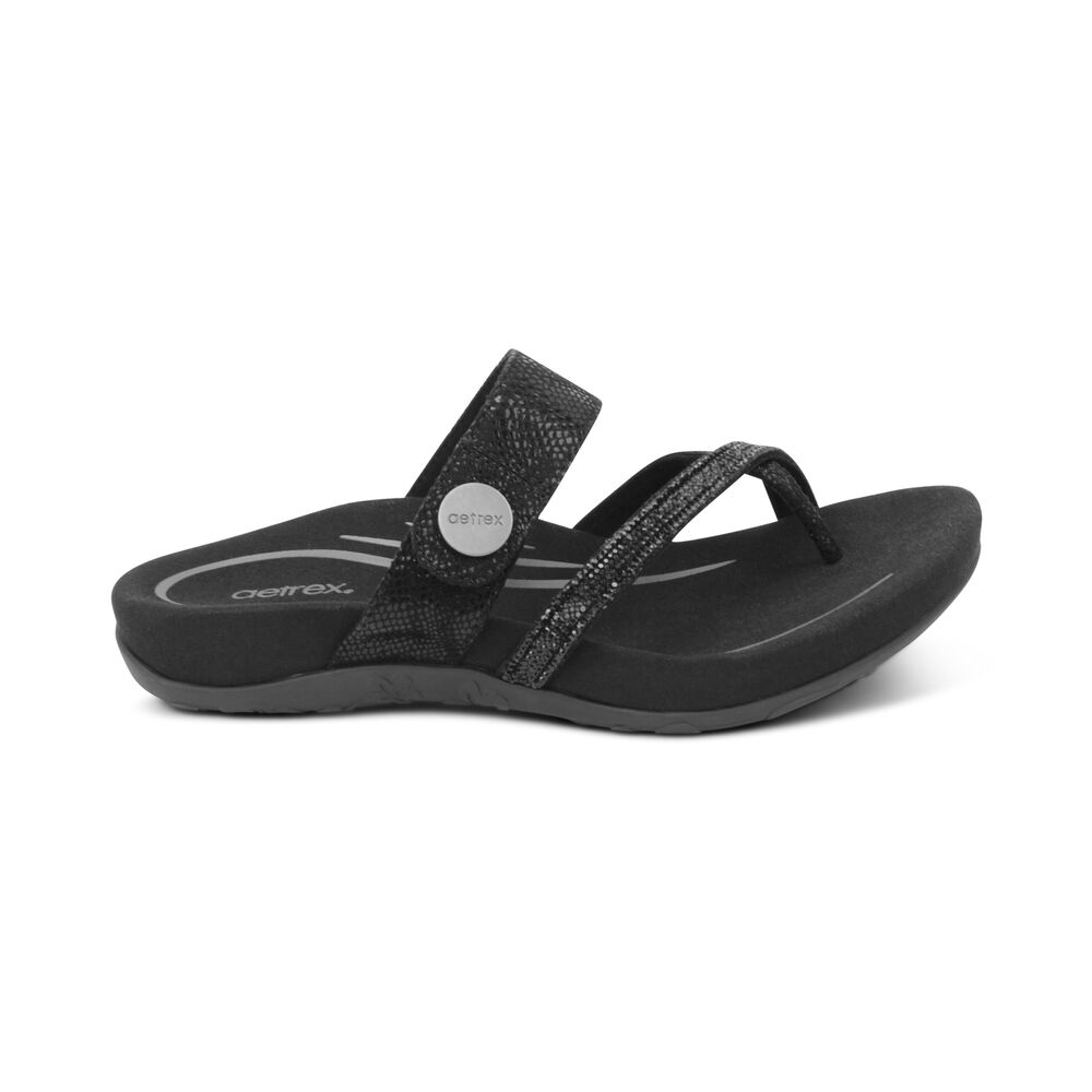 Aetrex Women's Izzy Adjustable Sandals - Black | USA AHHQEHL